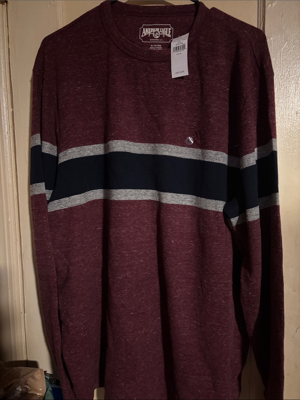 American Eagle Outfitters Burgundy Crewneck with Navy and Gray Stripes men’s XL